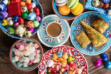 Fototapeta na wymiar Turkish Coffee in the Colorful Ramadan Eid Candy and Chocolate, Traditional Ottoman Cuisine Desserts Photo, Üsküdar Istanbul, Turkiye