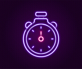 Glowing neon line Stopwatch icon isolated on black background. Time timer sign. Chronometer sign. Colorful outline concept. Vector