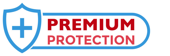 Shield icon with plus sign and red premium protection text. Flat style blue color vector symbol for medical, bacterial or virus defense, product, service, label, logo. Design isolated on white.
