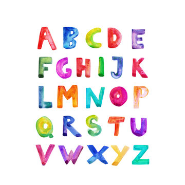 Hand drawn watercolor english uppercase letters. Bright alphabet poster for kids and nursery art.