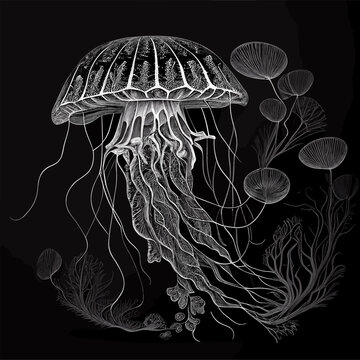 Jellyfish In The Water Black And White Sketch Lineart