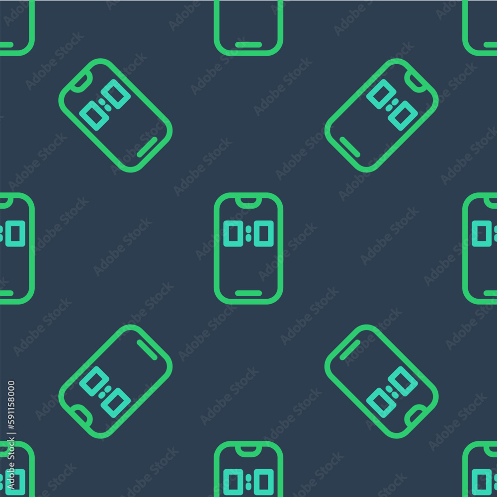 Poster line alarm clock app smartphone interface icon isolated seamless pattern on blue background. vector