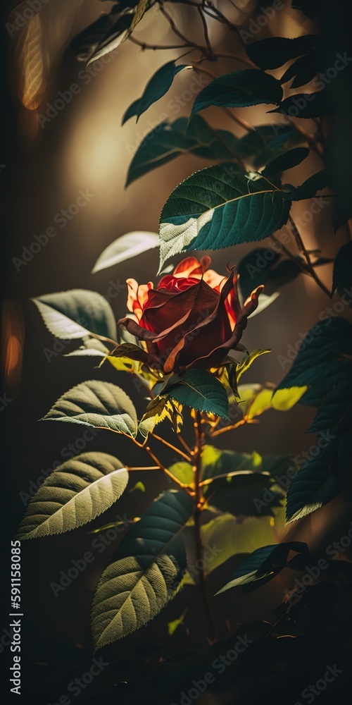 Poster sunlight focuses in on a single red rose set against a background of green foliage in this selective
