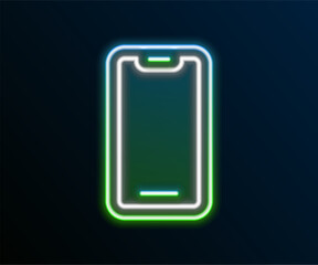 Glowing neon line Smartphone, mobile phone icon isolated on black background. Colorful outline concept. Vector