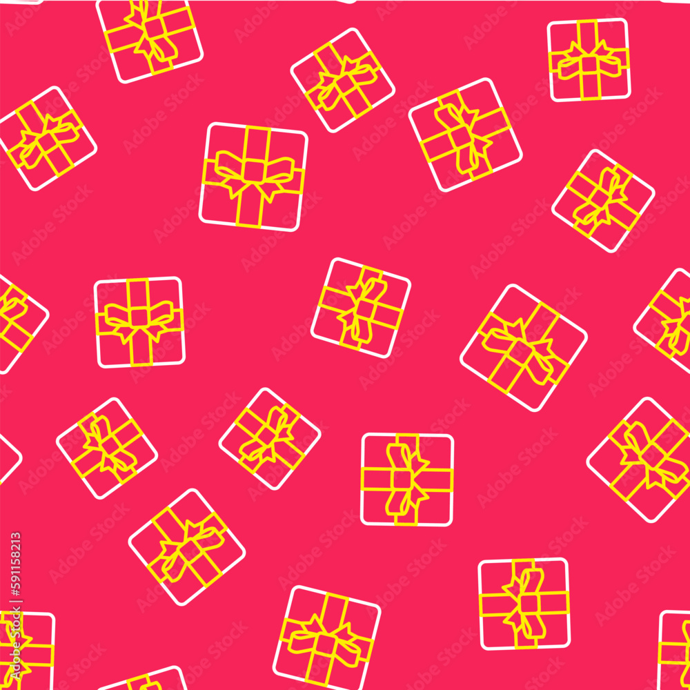 Sticker line gift box icon isolated seamless pattern on red background. valentines day. vector