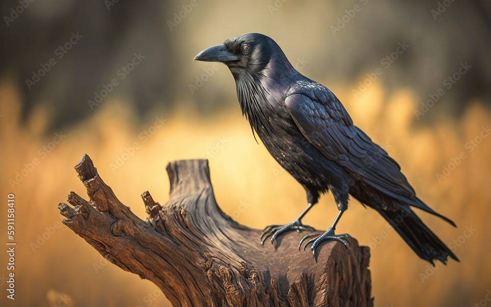 Poster deep dolly in on a crow perched on a limb of wood; the backdrop is out of focus. generative ai