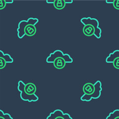 Line Cloud computing lock icon isolated seamless pattern on blue background. Security, safety, protection concept. Protection of personal data. Vector
