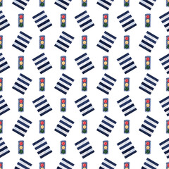 Obraz premium Watercolor seamless pattern with cars, road signs, maps and traffic lights
