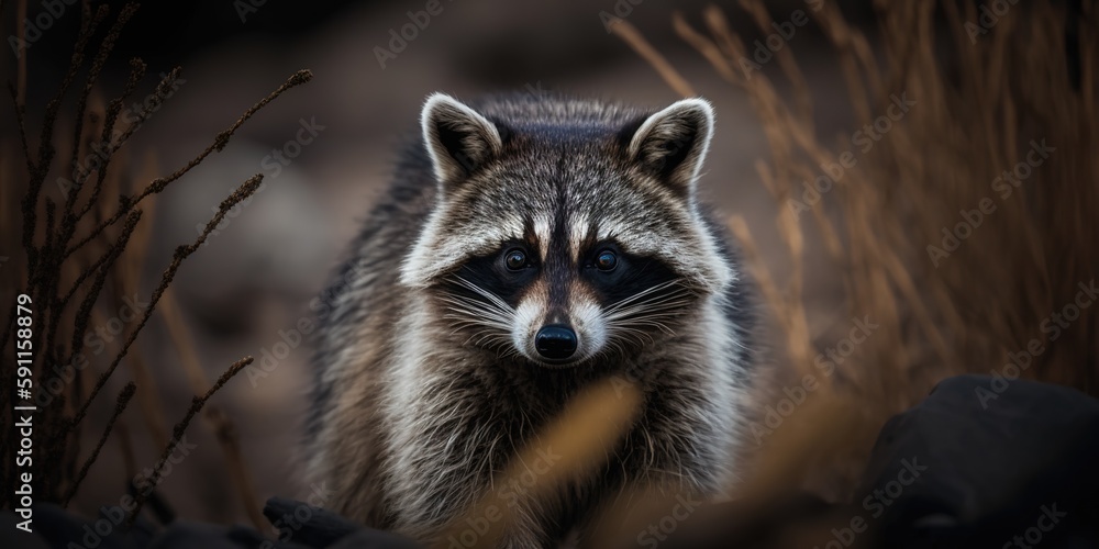 Aufkleber close-up of a racoon's face in selective focus as it gazes directly at the camera generative ai