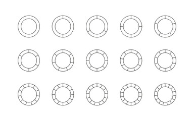 Set of round structure template with segments and slices. Outline circle chart. Circular section graph. Pie diagram divided into pieces. Piechart with sectors. Vector illustration