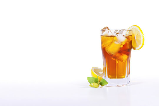a glass of iced lemon tea with a slice of lemon isolated on white background with copy space. Created with Generative AI Technology