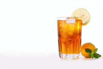 Fototapeta na wymiar a glass of iced lemon tea with a slice of lemon isolated on white background with copy space. Created with Generative AI Technology