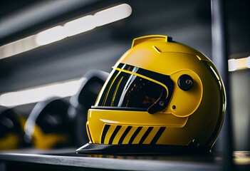 Fototapeta premium Close-up on one safety matte yellow plastic helmet on a metal table indoors with a clean cold modern industry background. Generative AI