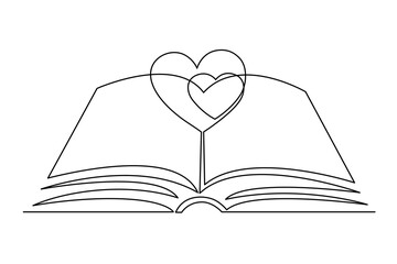 Book with heart one line art,hand drawn continuous contour.Romantic symbol for February 14.Love to read concept outline, minimalist design,simple decoration.Editable stroke.Isolated.Vector