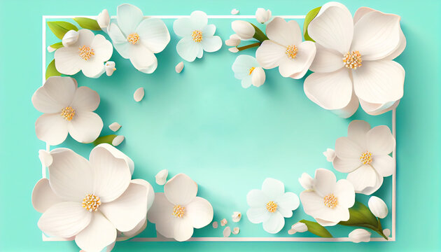 Happy Mother’s Day or Women’s Day greeting card with a white frame and beautiful white flowers on a turquoise background and copy space for your text, generative AI