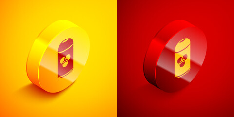 Isometric Paint spray can icon isolated on orange and red background. Circle button. Vector