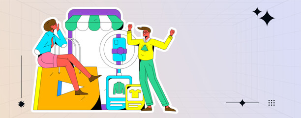 Internet celebrity e-commerce characters vector Internet hand-drawn illustration with live streaming
