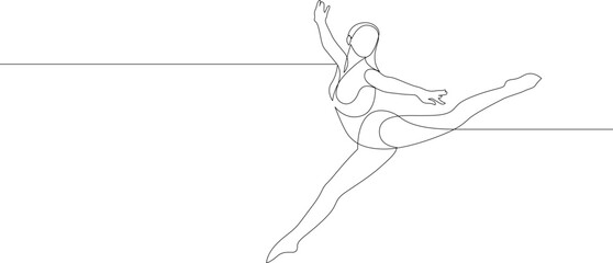 Continuous drawing in one line style of happy woman stretching. Elegant female dancer vector illustration.