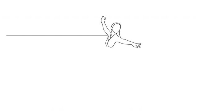 Self-drawing simple animation of continuous one line female dancer in a leotard. Drawing by hand, black single line on a white background.