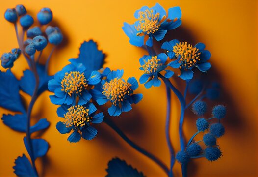 Blue gipsofila flowers on yellow background. Ukrainian symbol background. Generative AI