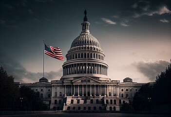 US Capitol Building with 3 Flags Flying. Generative AI