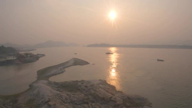 View from Guwahati rope way of India's longest river ropeway connecting Guwahati city with North Guwahati over the River Brahmaputra.