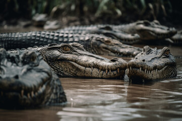 Obraz premium abstract, biting crocodiles with long pointed sharp teeth in the water, fictional place and animals. Generative AI