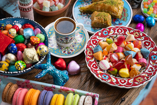 Turkish Coffee in the Colorful Ramadan Eid Candy and Chocolate, Traditional Ottoman Cuisine Desserts Photo, Üsküdar Istanbul, Turkiye