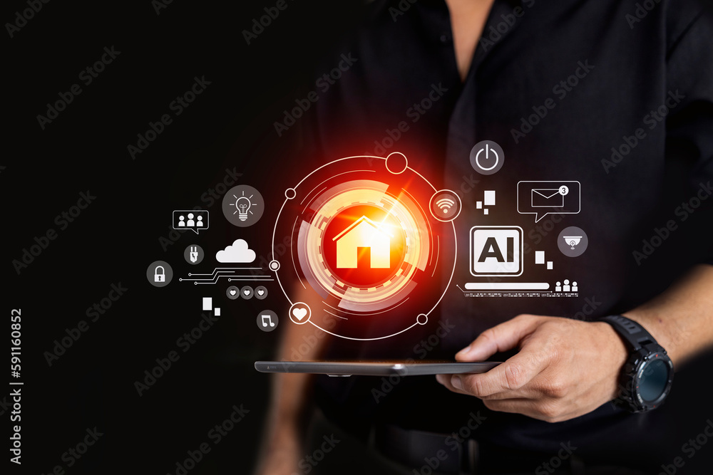 Aufkleber smart home system and artificial intelligence concept. hologram digital chatbot, application, conver