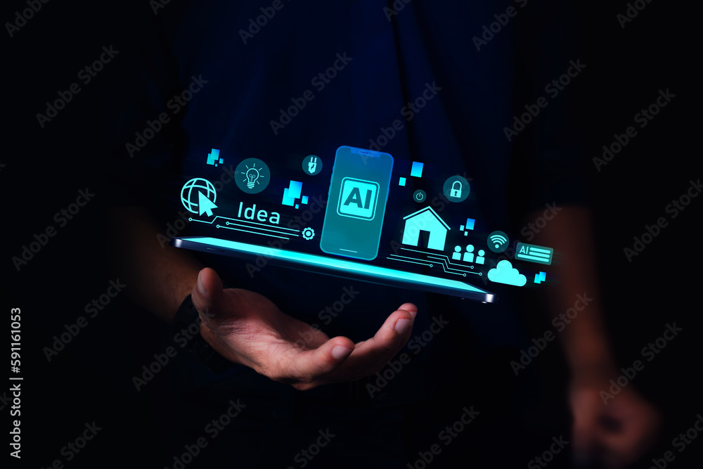 Aufkleber smart home system and artificial intelligence concept. hologram digital chatbot, application, conver