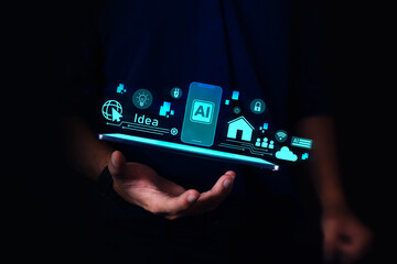 Smart home system and Artificial intelligence concept. hologram digital chatbot, application,...
