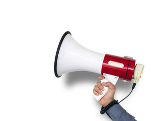 hand of man holding megaphone on png background. megaphone on transparent background