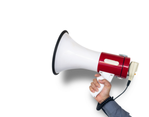 hand of man holding megaphone on png background. megaphone on transparent background