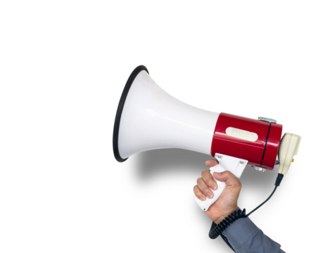 hand of man holding megaphone on png background. megaphone on transparent background - Powered by Adobe