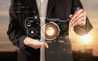 Businessman use pen touching virtual map world, Earth info screen, Graph and flowchart. Information technology concept.