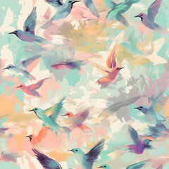 Seamless pattern with birds, brush strokes, splashes, wavy, fusion in pastel watercolor style.  Generative ai.