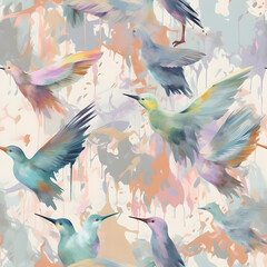 Seamless pattern with flying birds, brush strokes, splashes, wavy, fusion in pastel watercolor style.  Generative ai.