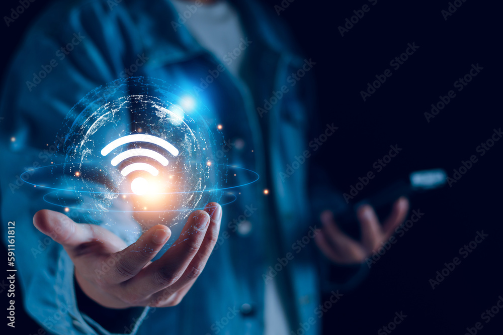 Poster wifi internet access concept. man using smartphone connect communication, social network, business c
