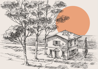 Old house on the beach among trees drawing