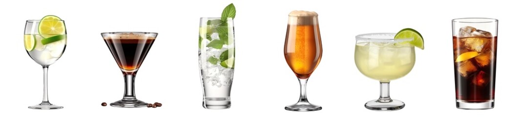 collection of drinks isolated on transparent background, Generative Ai - obrazy, fototapety, plakaty