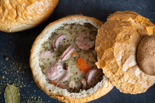 Traditional polish zurek soup made of soured rye flour. Polish cuisine.