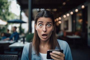 young woman in the outdoor area of a cafe or restaurant with a shocked surprised expression on her face, fictitious place and reason. Generative AI