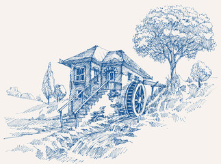 Old water mill landscape near river flow hand drawing - 591163289