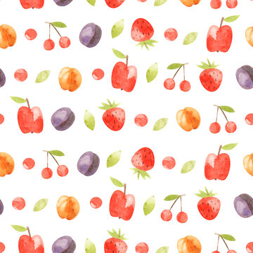 Watercolor seamless pattern with fruits and berries. Hand-drawn texture with cherries, apples, plums, apricots and strawberries for textile or wrapping paper