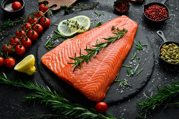 Raw red trout fillet marinated with spices. Recipe. Top view. Seafood.