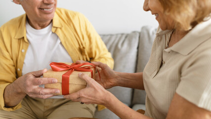 Fototapeta na wymiar Senior man giving gift to happy wife, congratulating her with anniversary or birthday, sitting on couch, cropped