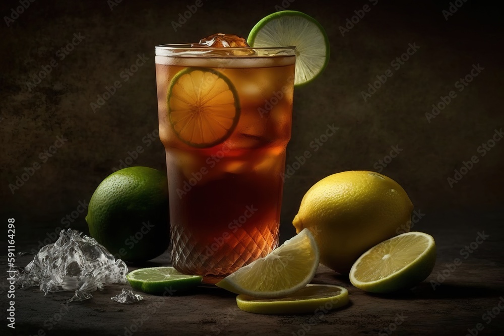 Poster the view from the side a refreshing glass of iced cinnamon apple juice with lime and lemonade genera