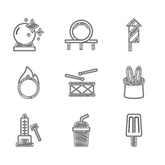 Set Drum with drum sticks, Paper glass water, Ice cream, Magician hat and rabbit ears, Striker attraction hammer, Circus fire hoop, Firework rocket and ball icon. Vector