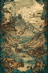 retro mountain art hand drawn digital art insanely intricate - AI Generated