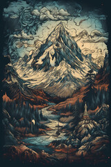 retro mountain art hand drawn digital art insanely intricate - AI Generated